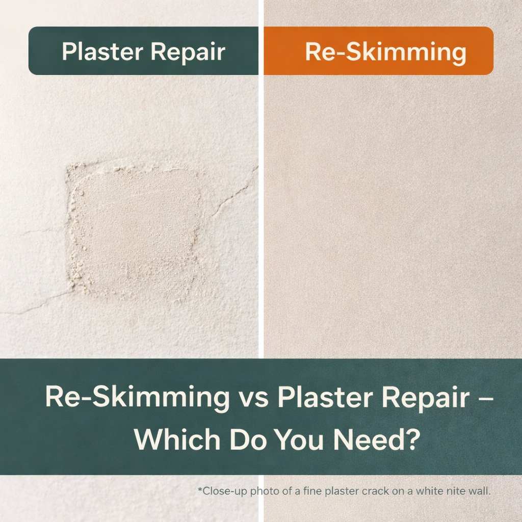 Side-by-side comparison of plaster repair patch and smooth re-skimmed wall finish